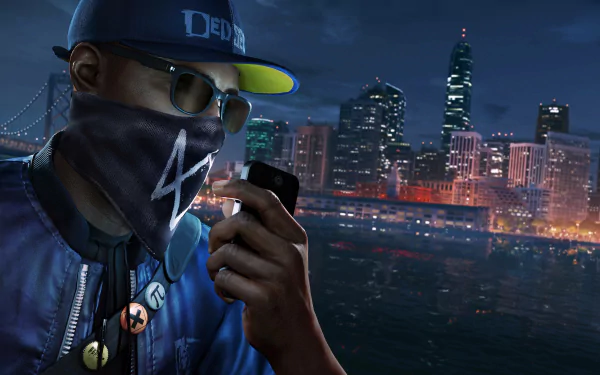 HD desktop wallpaper featuring a character from the video game Watch Dogs 2, with a cityscape background at night.