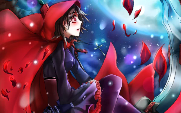 Anime 2K Quad HD PC desktop wallpaper of Ruby Rose (RWBY) in her red cloak, seated amid floating rose petals and a glowing blue backdrop.