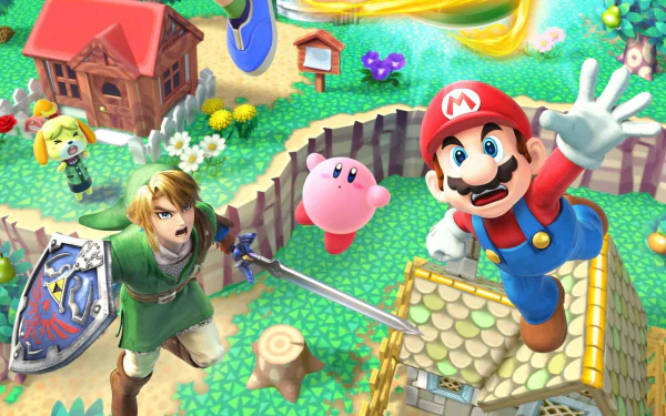 2K Quad HD PC wallpaper of Nintendo's Super Smash Bros. for Nintendo 3DS and Wii U featuring Mario, Link, Kirby and Isabelle leaping over a colorful video game landscape.