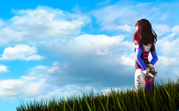 4K Ultra HD Overwatch wallpaper featuring D.Va standing in tall grass under a bright blue sky with scattered clouds, showcasing video game art in vibrant detail.