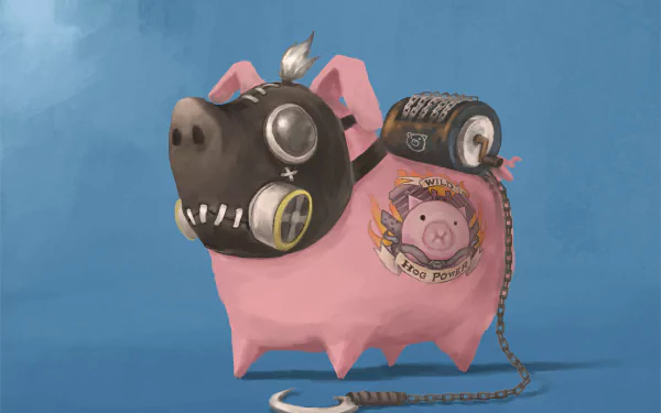 HD desktop wallpaper featuring a pig wearing Roadhog’s gas mask and gear from the video game Overwatch, blending whimsical and iconic elements.