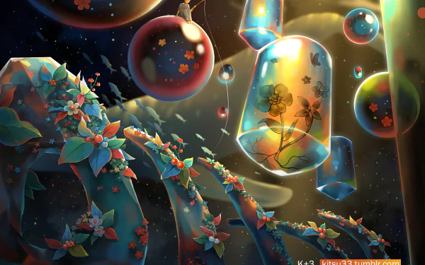 A vibrant HD anime wallpaper featuring colorful spheres, flowers, and fish against a cosmic background. Elements of fantasy and originality enhance the scene, creating a dynamic and enchanting visual experience.