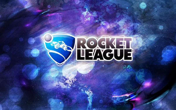 An HD desktop wallpaper featuring the Rocket League logo, set against a vibrant, abstract blue and purple cosmic background.