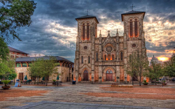 HDR image of the Cathedral of San Fernando in San Antonio, Texas, showcasing its detailed religious architecture under a dramatic sky, captured as an HD desktop wallpaper.