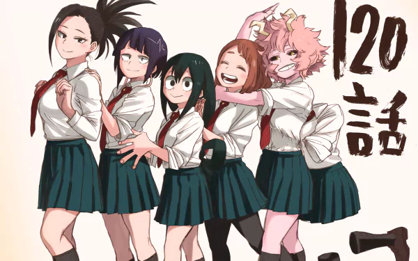 HD desktop wallpaper of characters from My Hero Academia, featuring five female students in school uniforms with a white background and Japanese text on the right side.