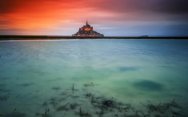ocean sunset France monastery religious Mont Saint- Michel HD Desktop Wallpaper | Background Image