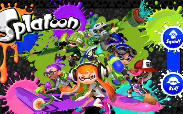HD desktop wallpaper featuring vibrant Inklings from the Nintendo video game Splatoon, wielding various ink-based weapons and set against a colorful splatter background.