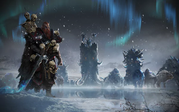 HD desktop wallpaper from the video game Total War: Warhammer, featuring Norsca warriors under a dramatic, snowy sky with auroras.