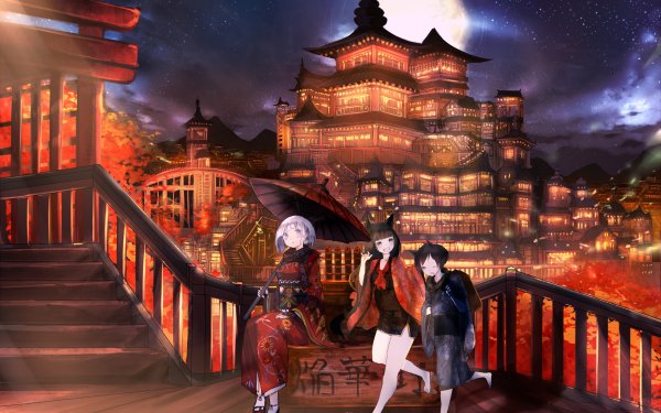 Anime Original White Hair Nekomimi Yukata Umbrella Festival Night Moon Building HD Wallpaper | Background Image