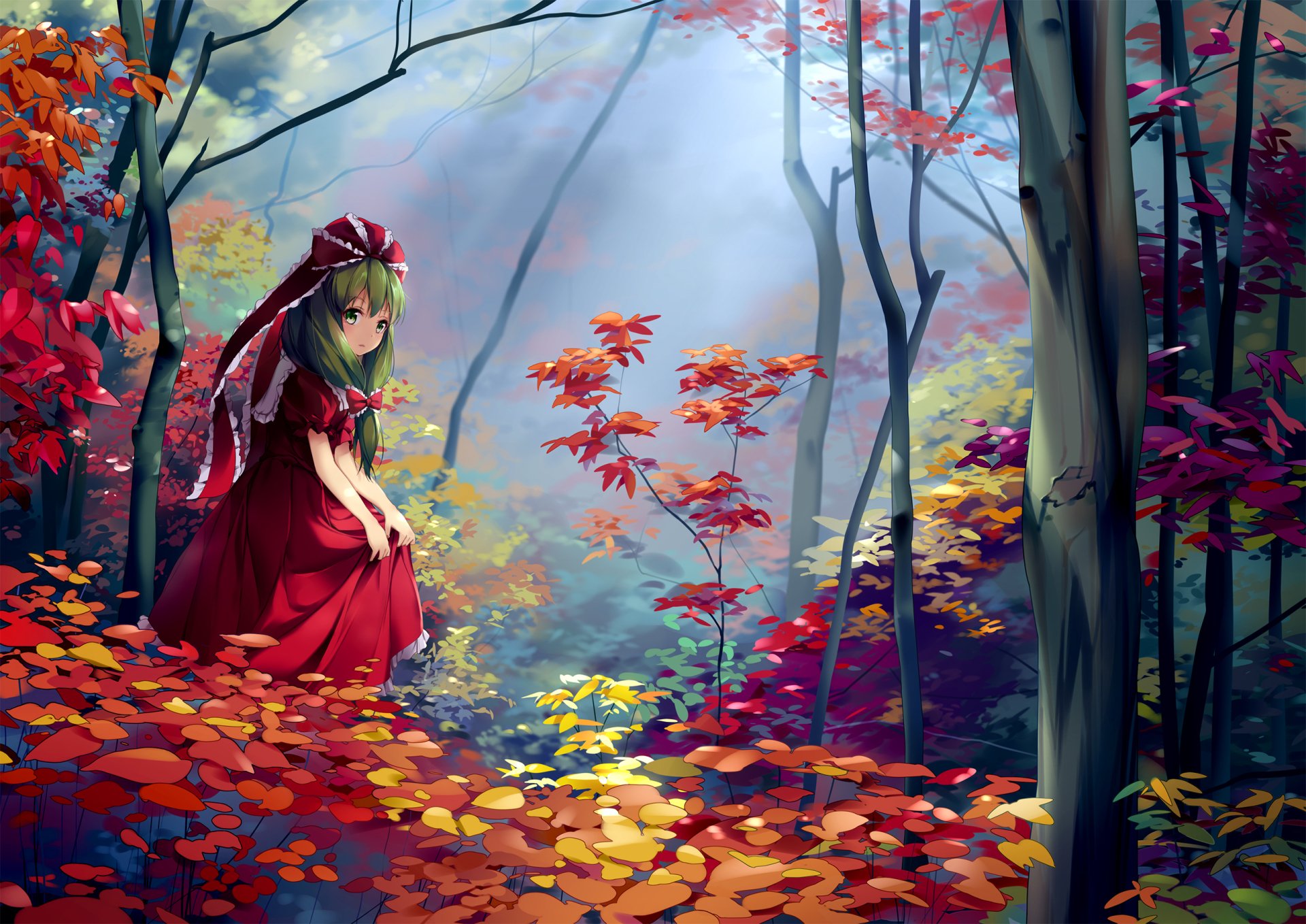 HD PC desktop wallpaper featuring Hina Kagiyama from Touhou, depicted in a vibrant autumn forest with red and yellow foliage in an anime art style.