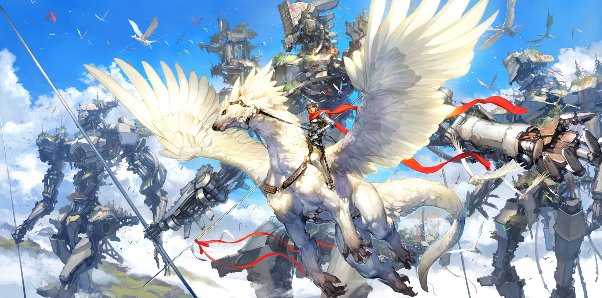 An HD anime-style wallpaper depicting a woman warrior in armor riding a giant white-winged creature, set against a backdrop of robots and towering structures.