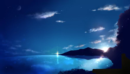 HD anime original desktop wallpaper featuring a serene night scene with a glowing horizon, calm water, scattered clouds, and a silhouetted mountain landscape.