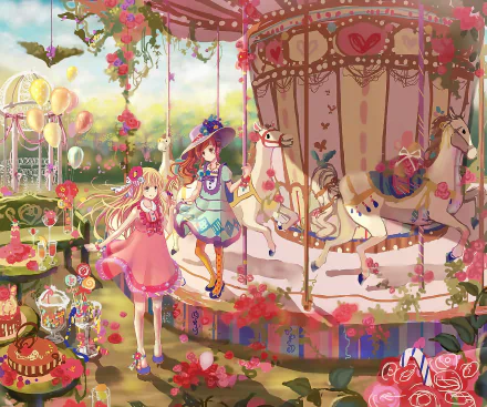 HD anime original wallpaper of two girls: a blonde in a pink dress and a brown-haired girl in a hat and thigh highs, riding a floral carousel at an amusement park amid pastel flowers.