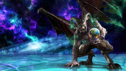 Gargos from Killer Instinct crouches with glowing eyes, wings, and horns, holding an orb amid a cosmic, dark fantasy backdrop in this 4K Ultra HD PC wallpaper.
