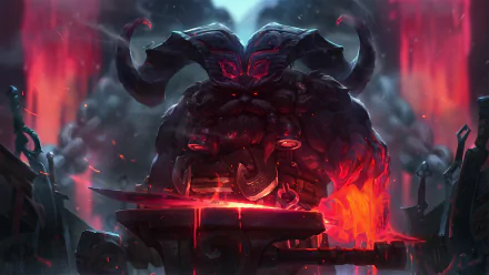 HD wallpaper featuring Ornn from League of Legends, depicted forging at an anvil amidst a fiery backdrop.