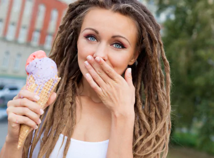 dreadlocks depth of field ice cream brunette face blue eyes woman model HD Desktop Wallpaper | Background Image