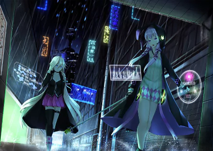 HD PC desktop wallpaper: anime Vocaloids Yuzuki Yukari and IA stand in a neon-lit rainy alley, holographic signs glowing as they pose in long coats and colorful, futuristic outfits.