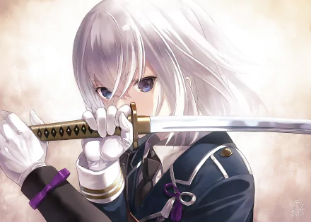 Honebami Toushirou (Touken Ranbu) anime HD PC wallpaper: silver-haired swordsman in a dark uniform holding a katana across the face with an intense, focused gaze.