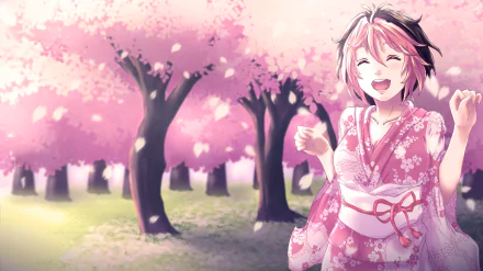 HD PC desktop wallpaper featuring a cheerful anime-style character in a pink kimono among blooming cherry blossom trees, inspired by the video game Osu!.