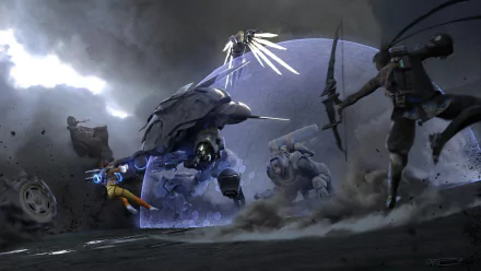 HD PC desktop wallpaper featuring Overwatch characters Mercy, Reaper, Hanzo, Winston, D.Va, and Tracer in an intense battle scene from the video game.