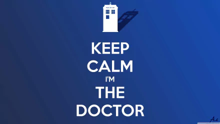 Blue 4K Ultra HD desktop wallpaper from the TV show Doctor Who (2005): white TARDIS silhouette above bold text KEEP CALM I'M THE DOCTOR.
