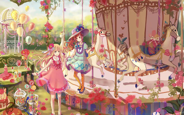 HD anime original wallpaper of two girls: a blonde in a pink dress and a brown-haired girl in a hat and thigh highs, riding a floral carousel at an amusement park amid pastel flowers.