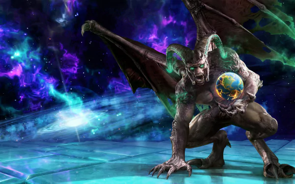 Gargos from Killer Instinct crouches with glowing eyes, wings, and horns, holding an orb amid a cosmic, dark fantasy backdrop in this 4K Ultra HD PC wallpaper.