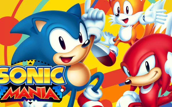 HD desktop wallpaper featuring Sonic, Tails, and Knuckles from Sonic Mania, with a vibrant yellow and red background.