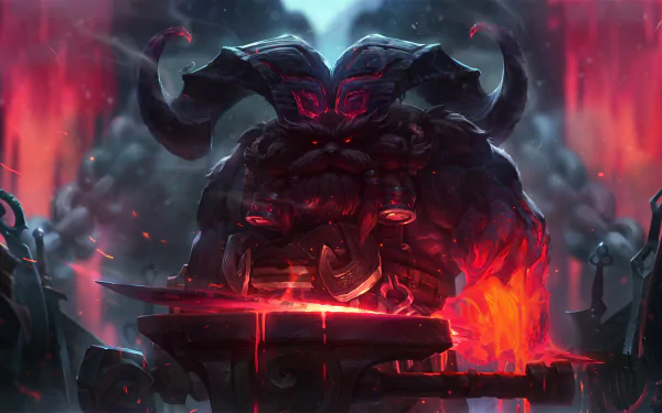 HD wallpaper featuring Ornn from League of Legends, depicted forging at an anvil amidst a fiery backdrop.