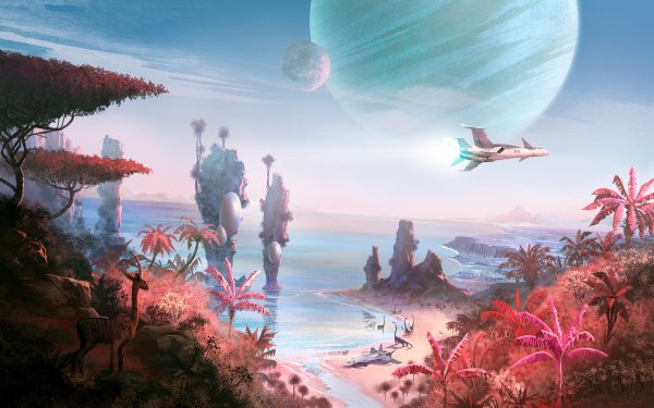 Video Game No Man's Sky Landscape Coastline Spaceship Planet Ocean Tree HD Wallpaper | Background Image