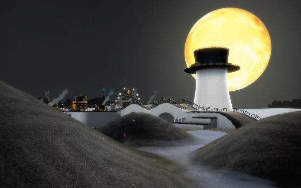 4K Ultra HD PC desktop wallpaper featuring a nighttime scene from the video game Super Mario Odyssey with a moonlit sky and a top hat-shaped structure.