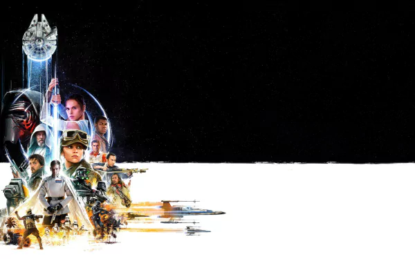 4K Ultra HD Star Wars PC wallpaper featuring characters and ships from Episode VII: The Force Awakens and Rogue One: A Star Wars Story against a black and white background.