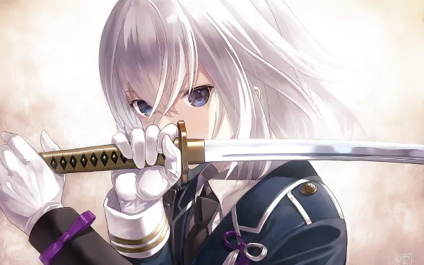 Honebami Toushirou (Touken Ranbu) anime HD PC wallpaper: silver-haired swordsman in a dark uniform holding a katana across the face with an intense, focused gaze.