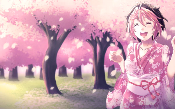 HD PC desktop wallpaper featuring a cheerful anime-style character in a pink kimono among blooming cherry blossom trees, inspired by the video game Osu!.