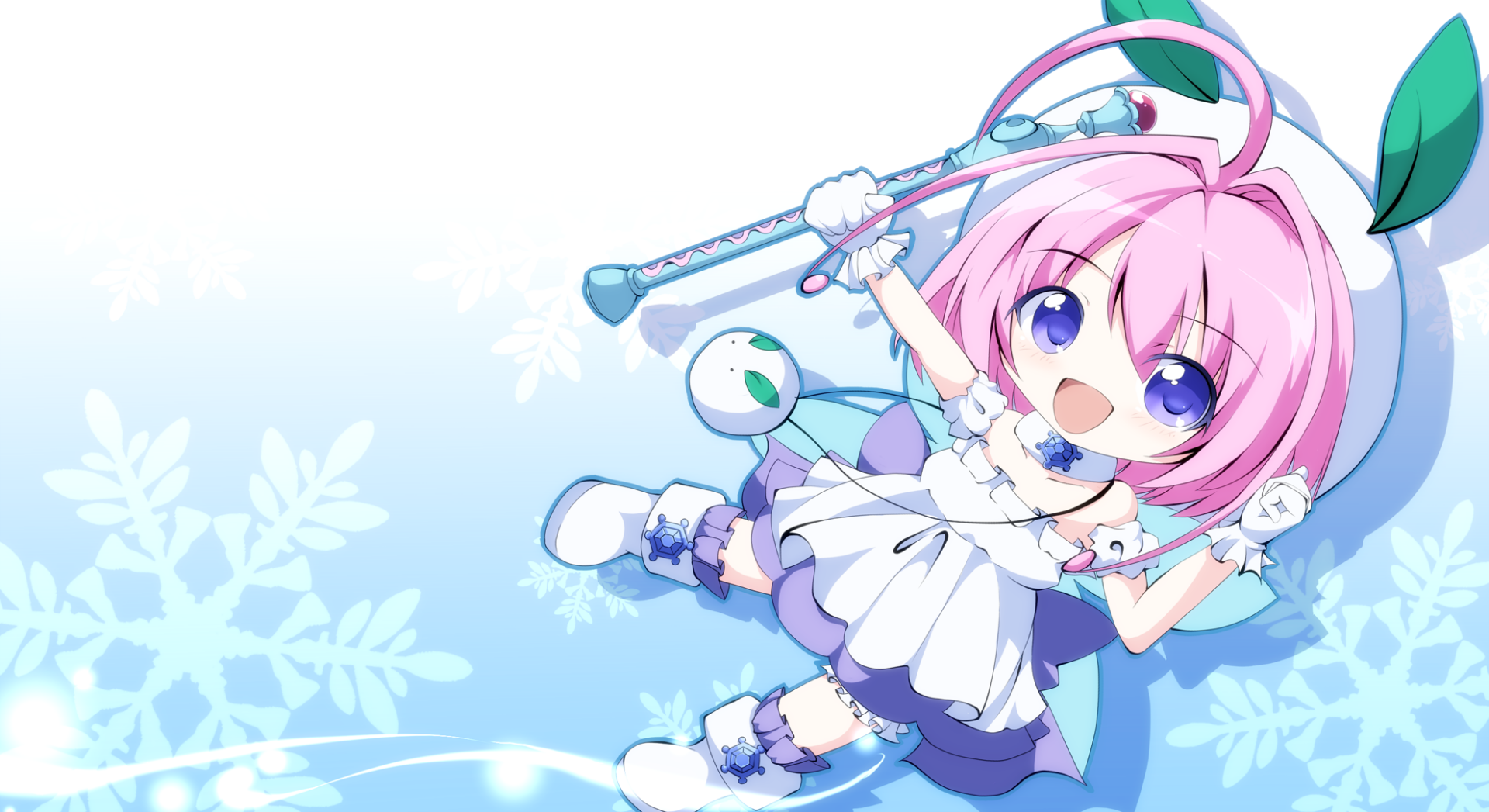 Cute anime chibi girl with pink hair in a winter outfit holding a candy-cane staff on a blue snowy backdrop — HD PC desktop wallpaper and background.