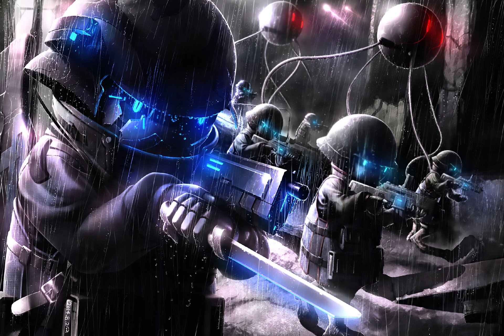 Dark anime original HD PC desktop wallpaper: robotic soldiers in rain, glowing blue and red eyes, armed with futuristic guns and cables, moody cyberpunk atmosphere.
