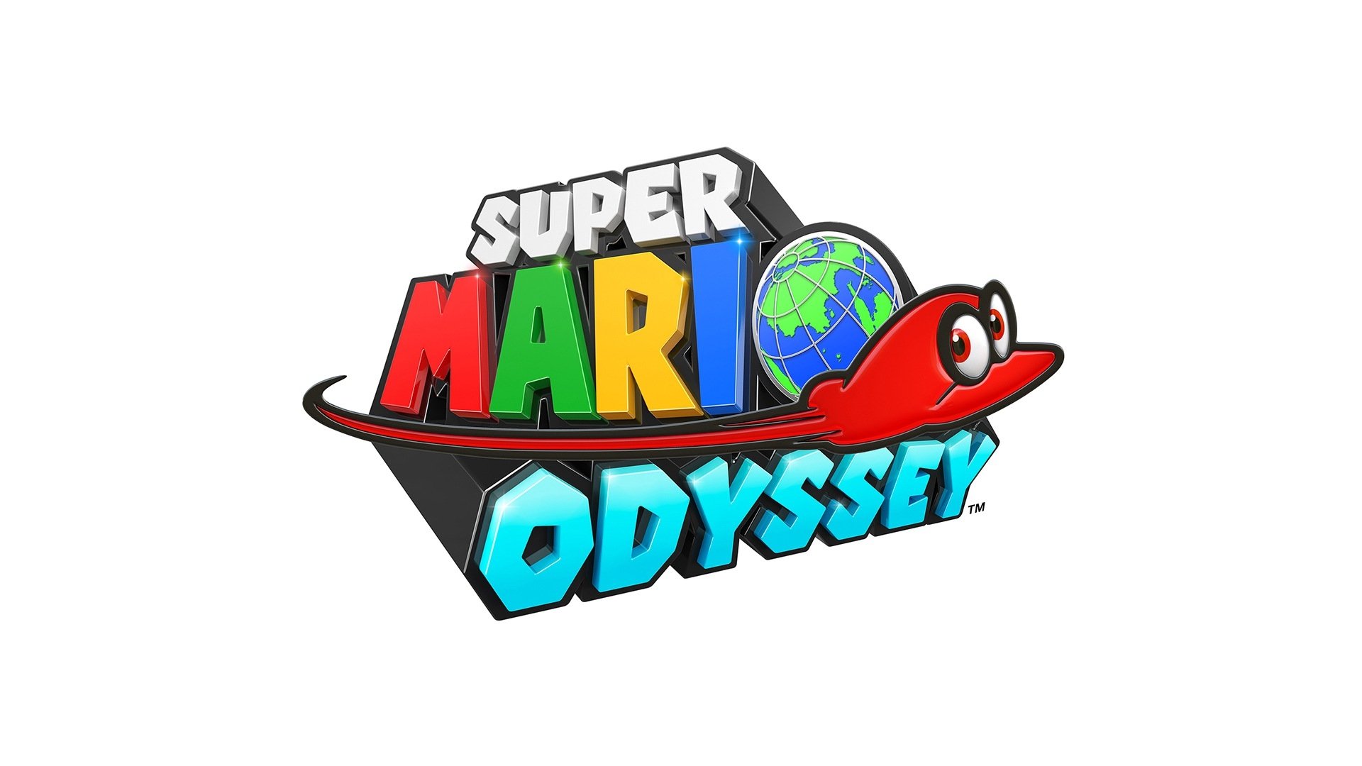 HD PC desktop wallpaper featuring the colorful logo of the video game Super Mario Odyssey with Mario's iconic red hat and a globe incorporated in the design.