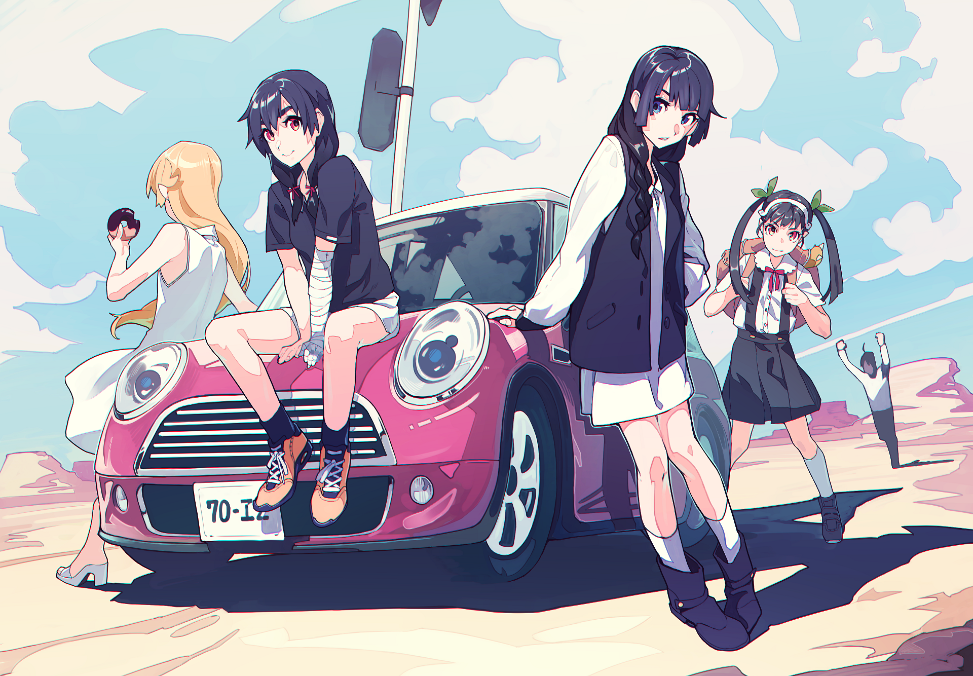 HD desktop wallpaper featuring characters Mayoi Hachikuji, Koyomi Araragi, Suruga Kanbaru, Shinobu Oshino, and Hitagi Senjōgahara from the anime series Monogatari, standing around a pink car on a sunny day.