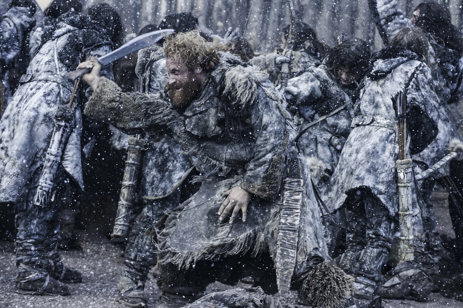 Kristofer Hivju as Tormund Giantsbane in a snowy battle scene from the TV show Game of Thrones, presented as a 4K Ultra HD PC desktop wallpaper.