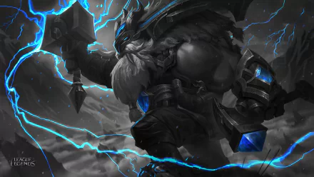 HD desktop wallpaper featuring Ornn, a warrior from League of Legends, wielding a hammer amidst lightning. The dynamic imagery and intense atmosphere make this a striking video game background.