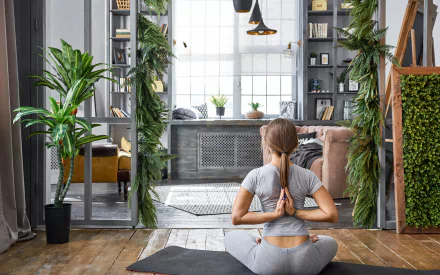 ponytail living room rear woman yoga HD Desktop Wallpaper | Background Image