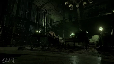 Dark, eerie room illuminated by greenish light, featuring vintage furniture and a chandelier, from Call of Cthulhu: The Official Video Game HD PC desktop wallpaper.