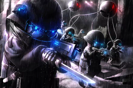 Dark anime original HD PC desktop wallpaper: robotic soldiers in rain, glowing blue and red eyes, armed with futuristic guns and cables, moody cyberpunk atmosphere.