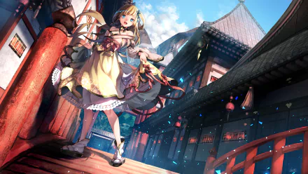 HD desktop wallpaper featuring an original anime illustration of a character standing in a vibrant, traditional Japanese street setting with detailed architecture and colorful lighting.