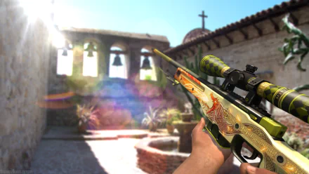 HD desktop wallpaper of the Dragon Lore AWP and Azimov Guns from Counter-Strike: Global Offensive, set in a bright, sunny in-game environment.