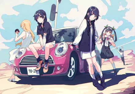 HD desktop wallpaper featuring characters Mayoi Hachikuji, Koyomi Araragi, Suruga Kanbaru, Shinobu Oshino, and Hitagi Senjōgahara from the anime series Monogatari, standing around a pink car on a sunny day.