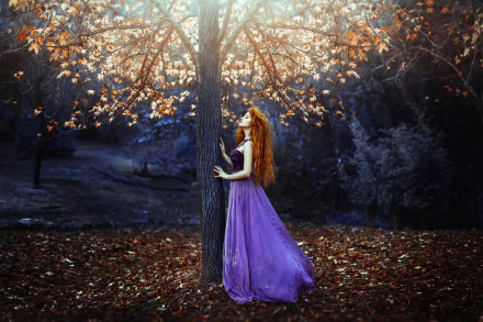 tree redhead purple dress model woman mood HD Desktop Wallpaper | Background Image