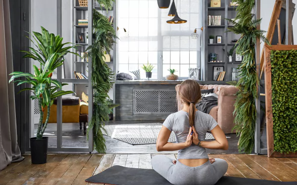 ponytail living room rear woman yoga HD Desktop Wallpaper | Background Image