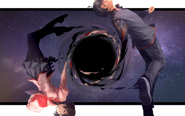 HD anime desktop wallpaper featuring short black-haired Ougi Oshino and Koyomi Araragi from the Monogatari series, set against a cosmic background with a swirling black hole.