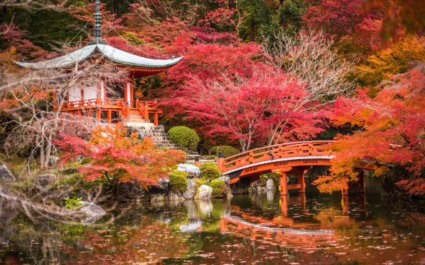 HD desktop wallpaper of Daigo-ji, a serene Japanese garden in Kyoto featuring a shrine, a pagoda, a red bridge over a pond, and vibrant autumn trees.